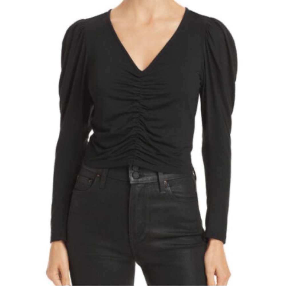 Frame Denim Agnes Ruched Puff Sleeve Knit Top in Noir Black